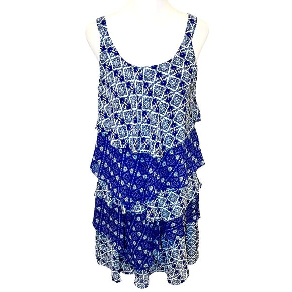 Vintage Dresses & Skirts - ‘Bethany’ Vintage 90s Ruffle Tiered Blue and White Print Slip On Dress Size 6P